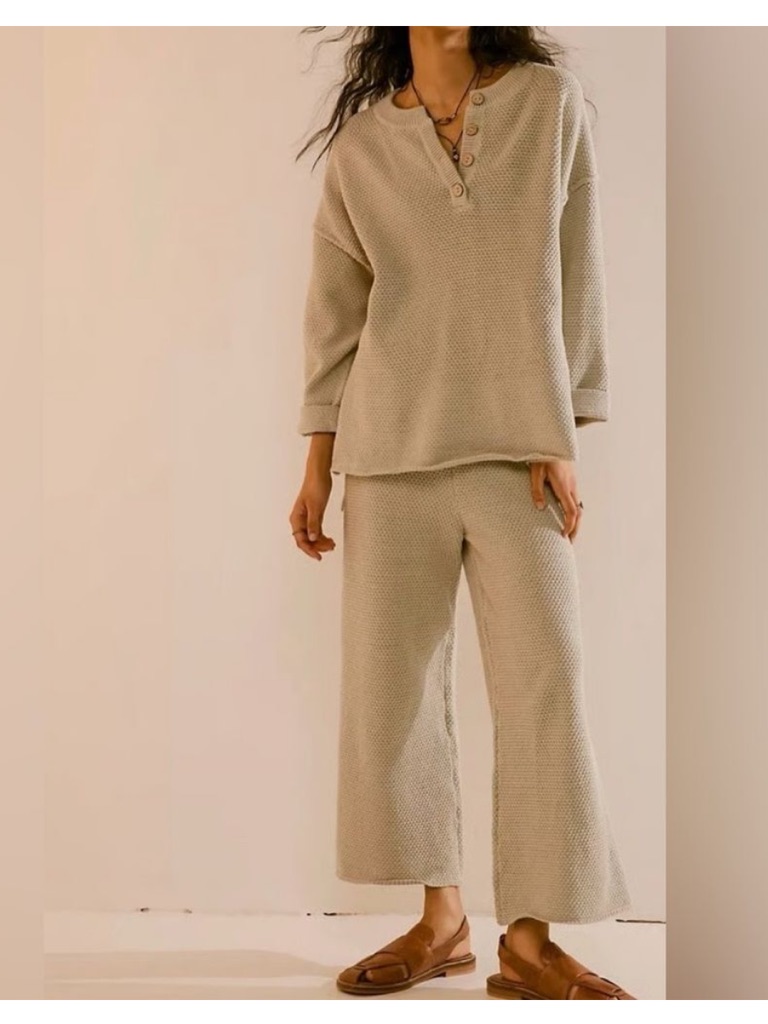 Cozy Wide-Leg Lounge Pants Set In Beige